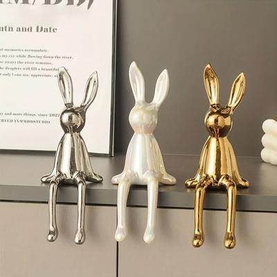 1PC Ceramic Long-Eared Sitting Rabbit Room Ornaments Statue Luxury Home Decoration Accessories High-End Home Art Aesthetics