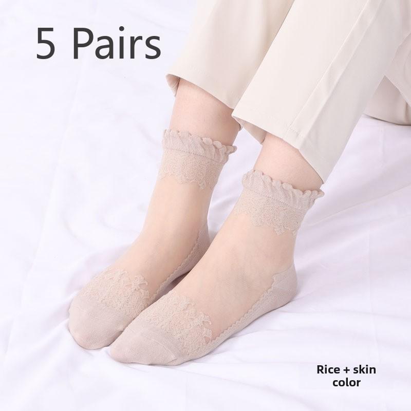 5 Pairs of Women's Spring Thin Mid Cylinder Cotton Sole Lace Lace Socks