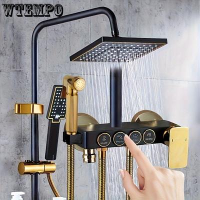 Schwarzes, goldenes 4-Knopf-Duschset, Badezimmerarmatur aus Kupfer mit Handbrause, wandmontiertes Duschsystem mit zwei Duschköpfen