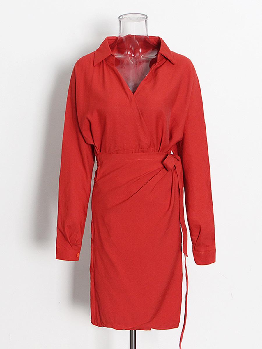 

2025 корейский стиль модное платье с V-образным вырезом и завязкой на талии средней длины для женщин One Size кофейный