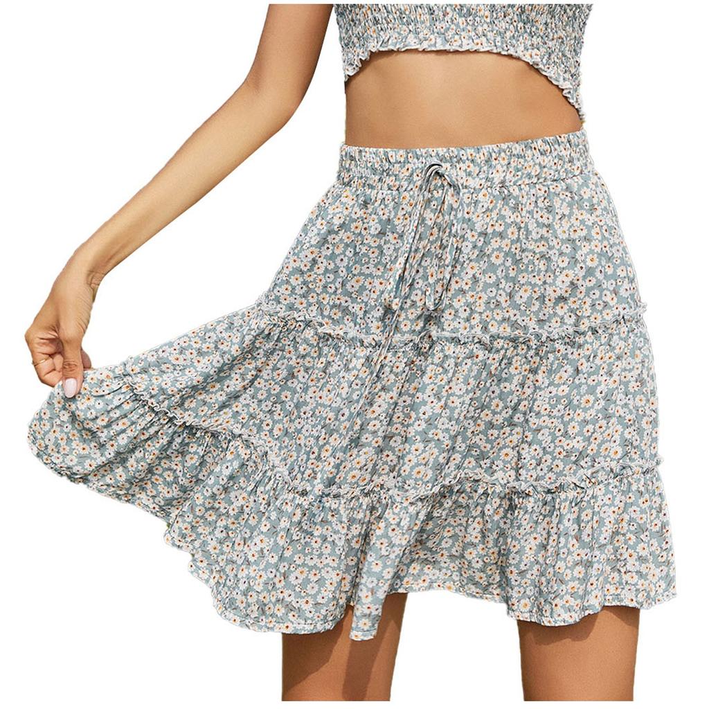 Women's High Waist Ruffle Floral Half Skirt Printed Beach A-line Short Skirt