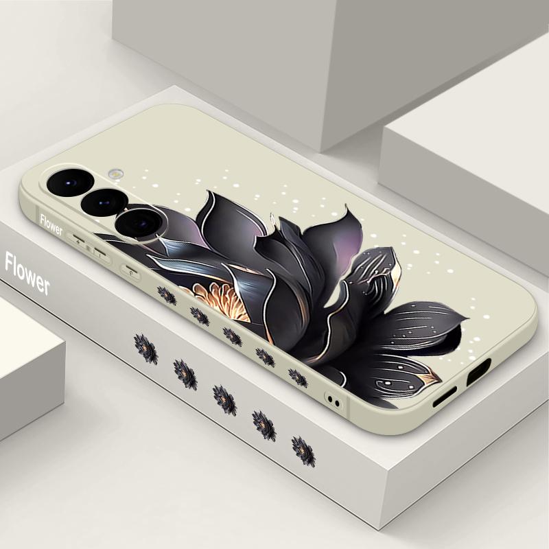Black Flowers Printing Lanyard Case For Samsung Galaxy S25 Ultra S24 S23 S22 Plus S21 FE A15 A16 A35 A36 A54 A55 A56 5G Capa Coque