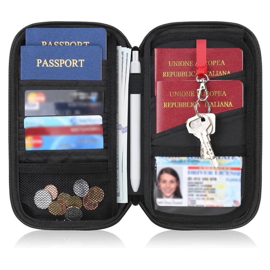 Lacdo Passport Family Passport Wallet for Women and Travel Document Credit Card Case Water with Detachable Wrist Neck Portable Travel Black Holder,