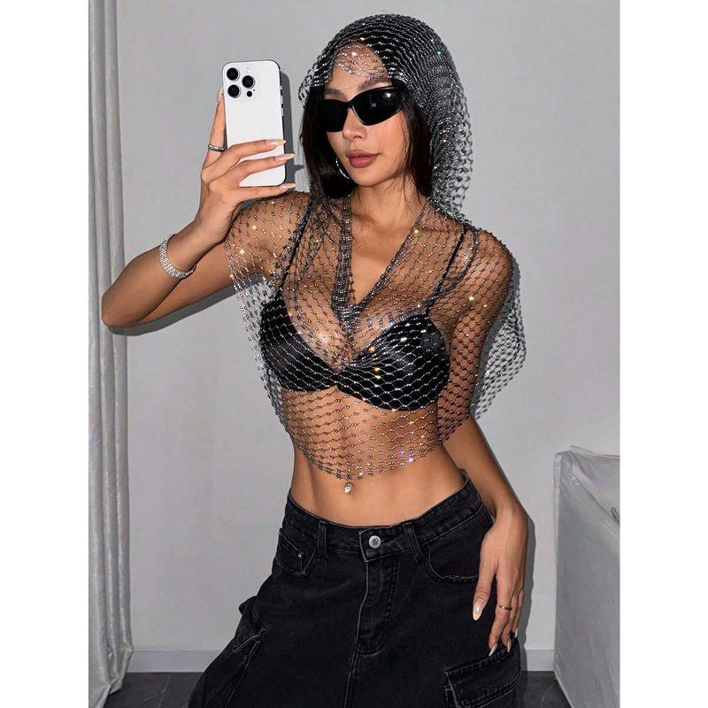 Cross-Border New European and American Women's Clothing: Mesh Rhinestone Fishnet Top, Sweet and Spicy Style, Sparkling Rhinestone Hooded Vest