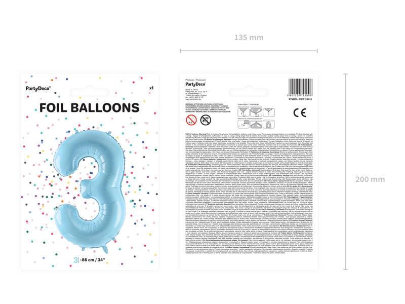 Number 3 Foil Balloon, 86cm, Light Blue