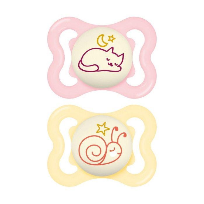 Sucettes-MAM Sucette Suprême Nuit - 2-6 Mois - Silicone - X2 (Modèle : Chat Et Escargot)
