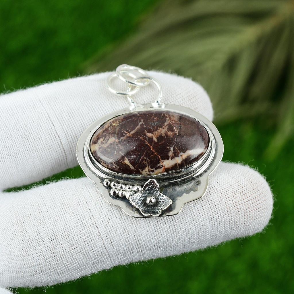 925 Sterling Silver Oval Coconut Jasper Gemstone Daughter Ethnic Wedding Pendant