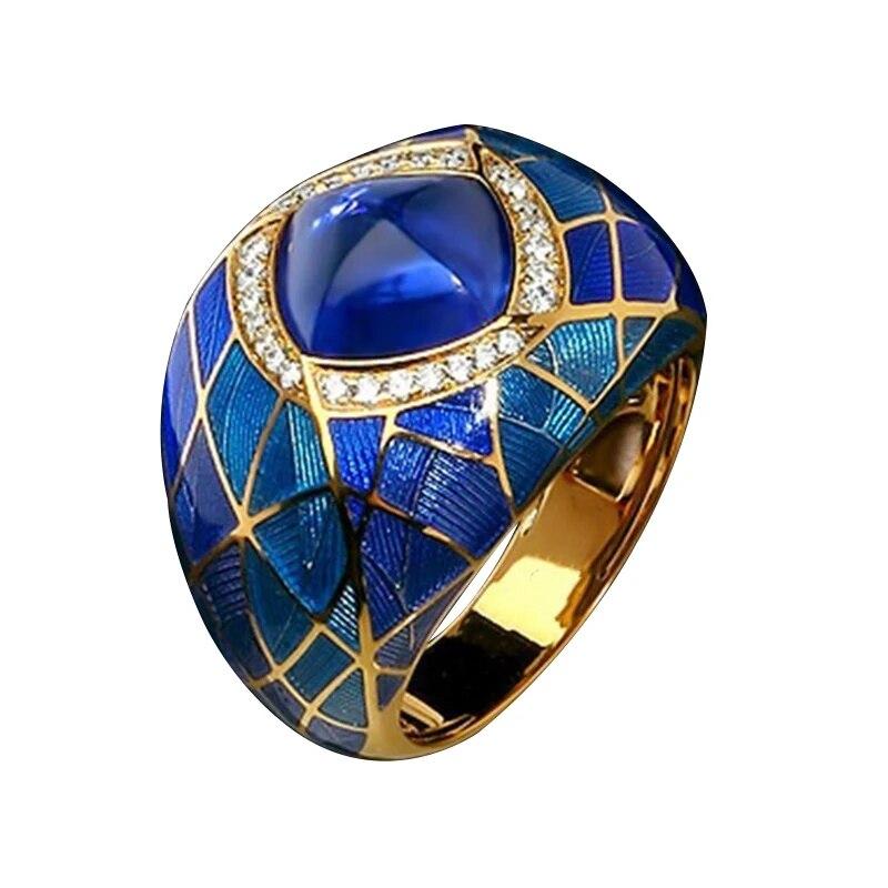 Mote blå perle gullbelagt rustfritt stål ring for kvinner retro trend sirkon fingerring kvinnelig personlighet smykker