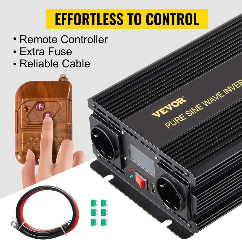 Pure Sine Wave Inverter 2500W Power Inverter DC 12V AC 230V, Car Inverter USB Port LCD Display Remote Controller, Safety Protections, Power Converter