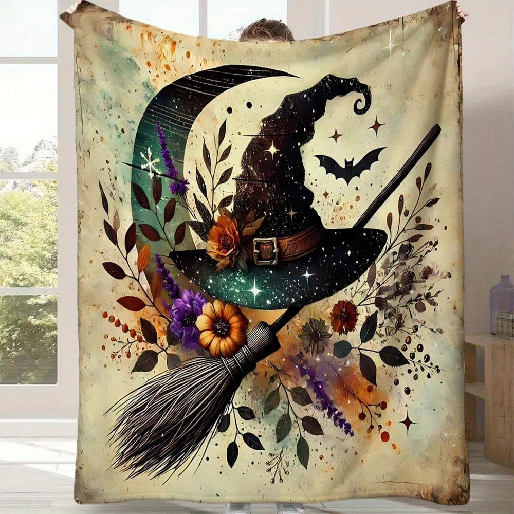 Witch Blanket Magic Moon Bat Broom Soft Warm Cozy Throw for Bed Sofa Living Room Gift