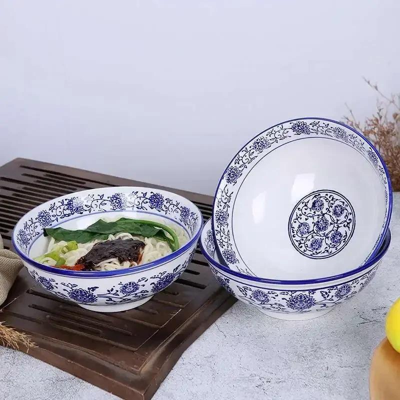 Chinese Blue and White Ceramic Ramen Soup Bowl Porcelain Instant Noodle Home Kitchen Tableware Rice Bowl Underglaze Color Craft