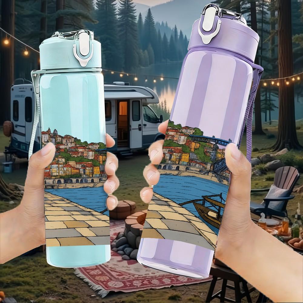 1PC Old Bridge River City Scene Print 750ml Color Plastic Sports Water Bottle Leakproof Flip Straw Lid Suitable for Sports Office Home Use