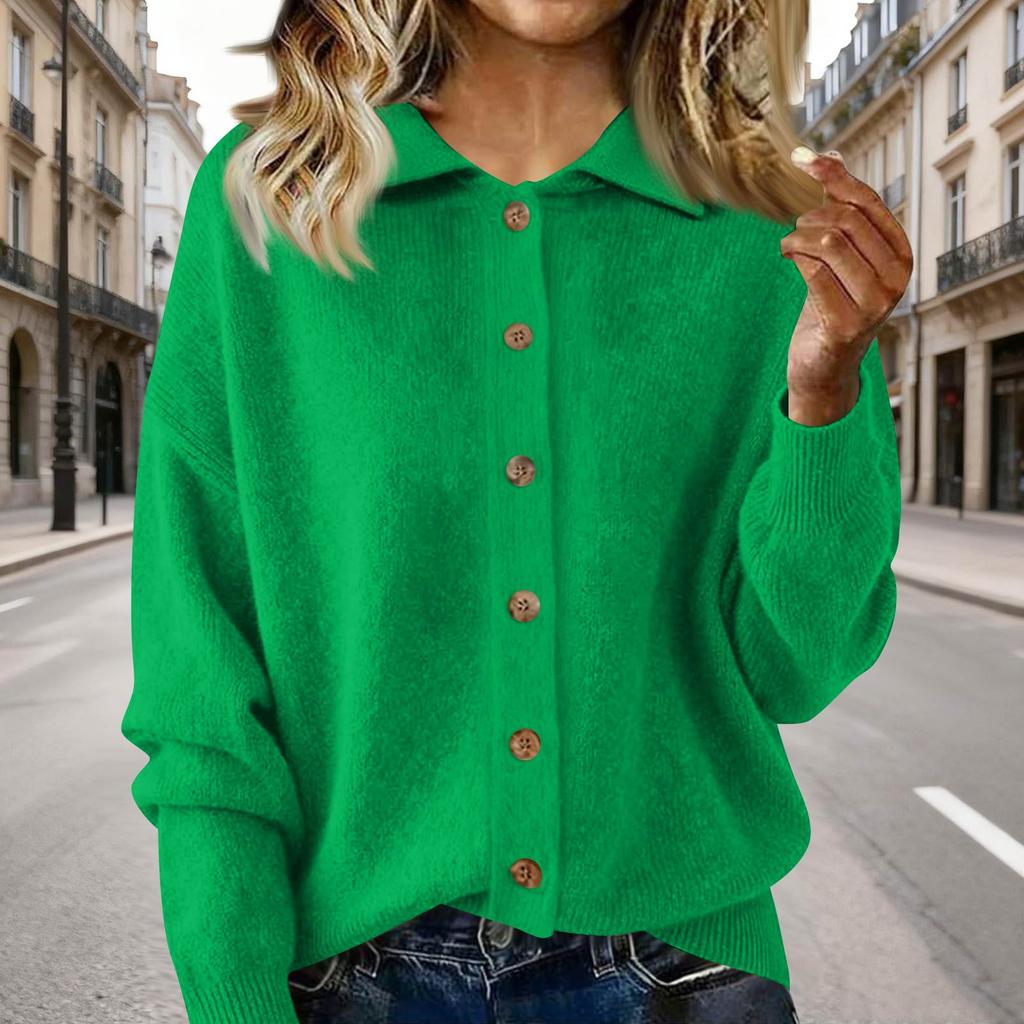 Women's Fashion Casual Solid-Colour Long-Sleeved Button-Front Knitted Collared Cardigan