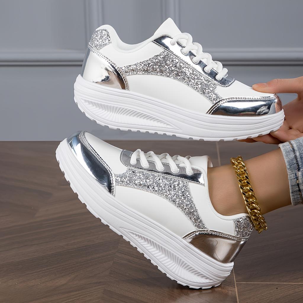 Thick-Soled Height-Increasing Silvery Rocking Shoes, Comfortable Cushioned Casual Sneakers, Women Shoes