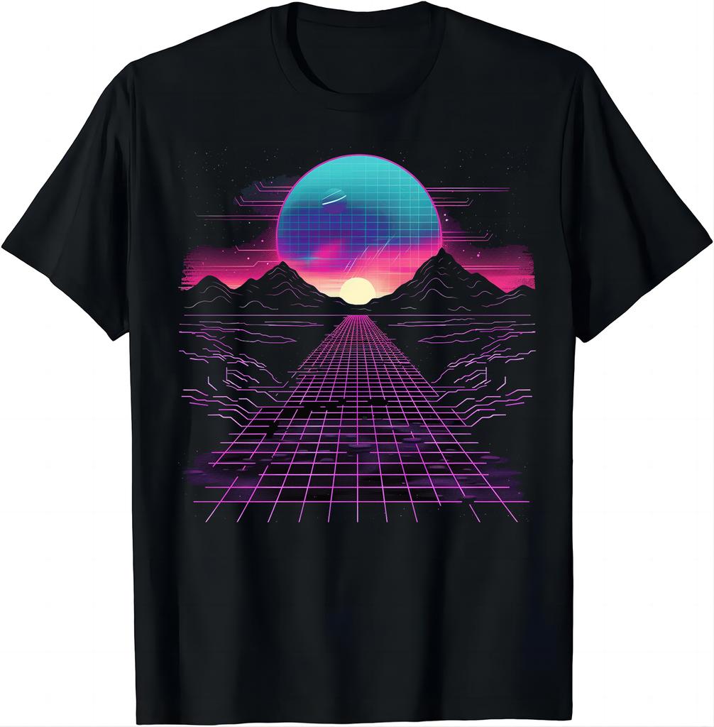 Futuristic Landscape Tee Cosmic Grid Pattern T Shirt Unisexs Clothes Tops Graphic T Shirts Camisas Streetwear Y2k Clothing