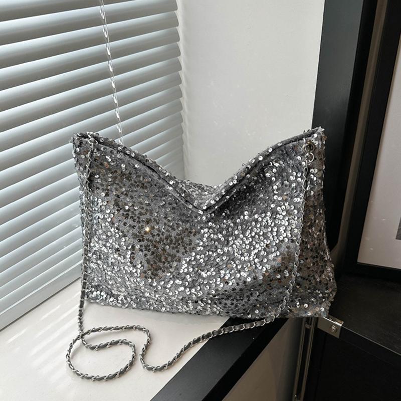Large Capacity Shoulder Bag for Women Sequin Shine Handbag Slouchy Solid Color Crossbody Bag Trendy Underarm Bag for Work Travel Shopping CLE