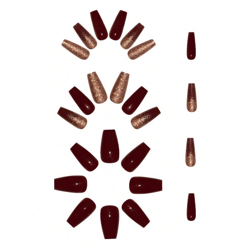 Square Press On Nails Set Elegant Burgundy Glitter Fake Nails Fashion Gold Loose Powder Fake Nails Full Coverage Fake Nail Tips for Women