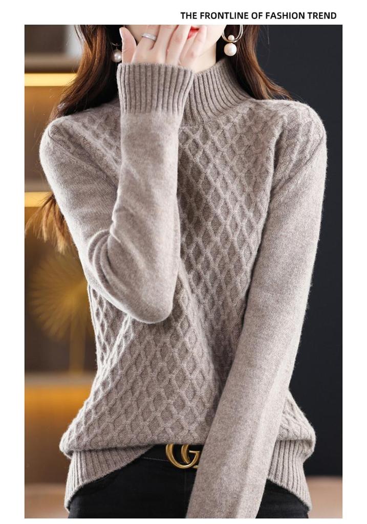 Women's High Neck 100% Pure Wool Pullover Knit Sweater - Autumn/Winter, Loose Fit, Thickened Layer