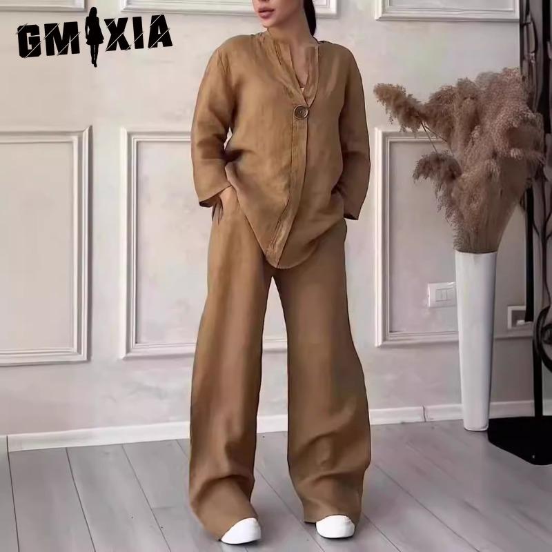 

GMXIA Fashion Женский Удобный Свободный Топ Брюки с Широкими Штанинами Повседневный Костюм из Хлопка и Льна XXXXXL коричневый