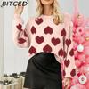 Bubble Sleeve Valentine's Pink Sweater Loose-Fit Sweet Heart-Patterned Cable-Knit Pullover