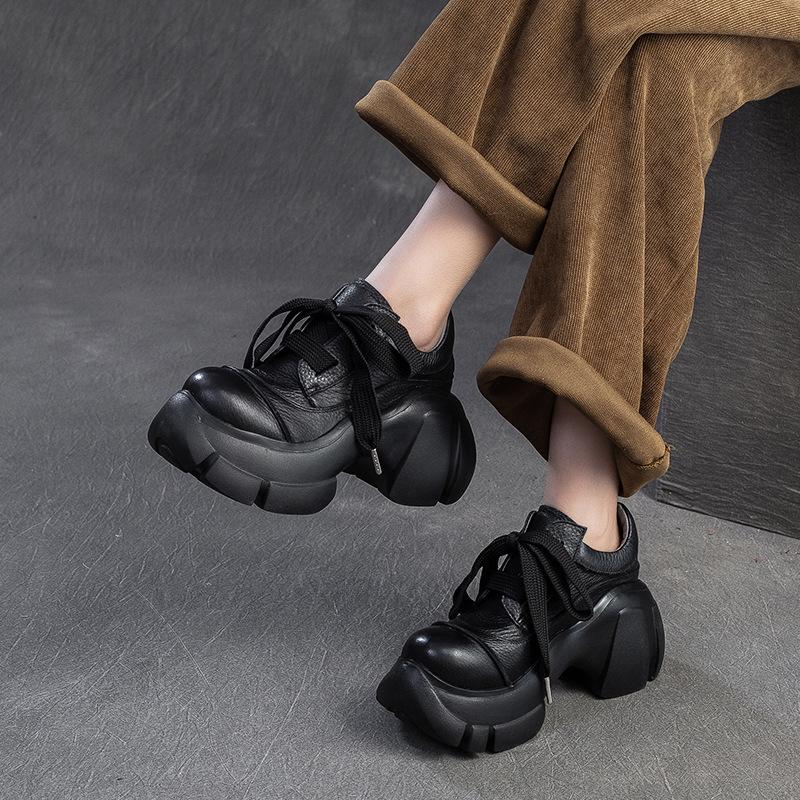 Fashion GKTINOO Genuine Leather Thick Sole Height Increasing Lace Up Pumps 2025 Spring New Casual Versatile Women's Platform Shoes