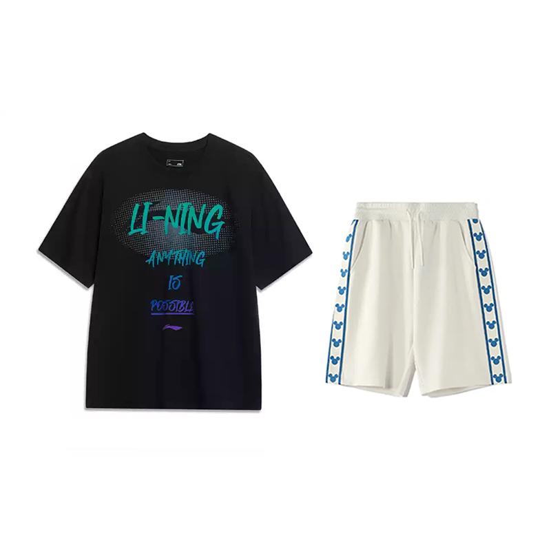Li Ning Logo Letter Print Round Neck Short Sleeve Fashion Comfortable Shorts Casual Sports Suit Unisex Suit AHSU803-2+YKSV129-1