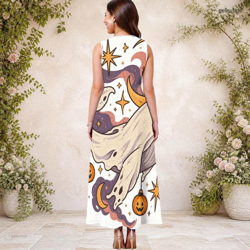 Women s Plus Size Sleeveless Keyhole Neck Halloween Ghost Pumpkin Printed White Long Dress