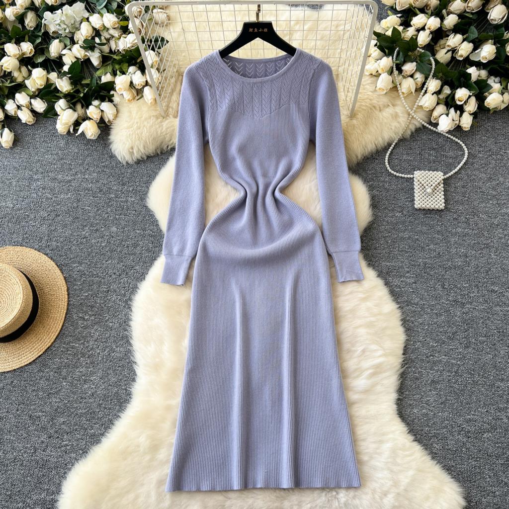 

Элегантное однотонное трикотажное платье для женщин, осеннее французское винтажное платье с круглым вырезом и длинным рукавом, модное вечернее платье-свитер, облегающее платье миди One Size фиолетовый