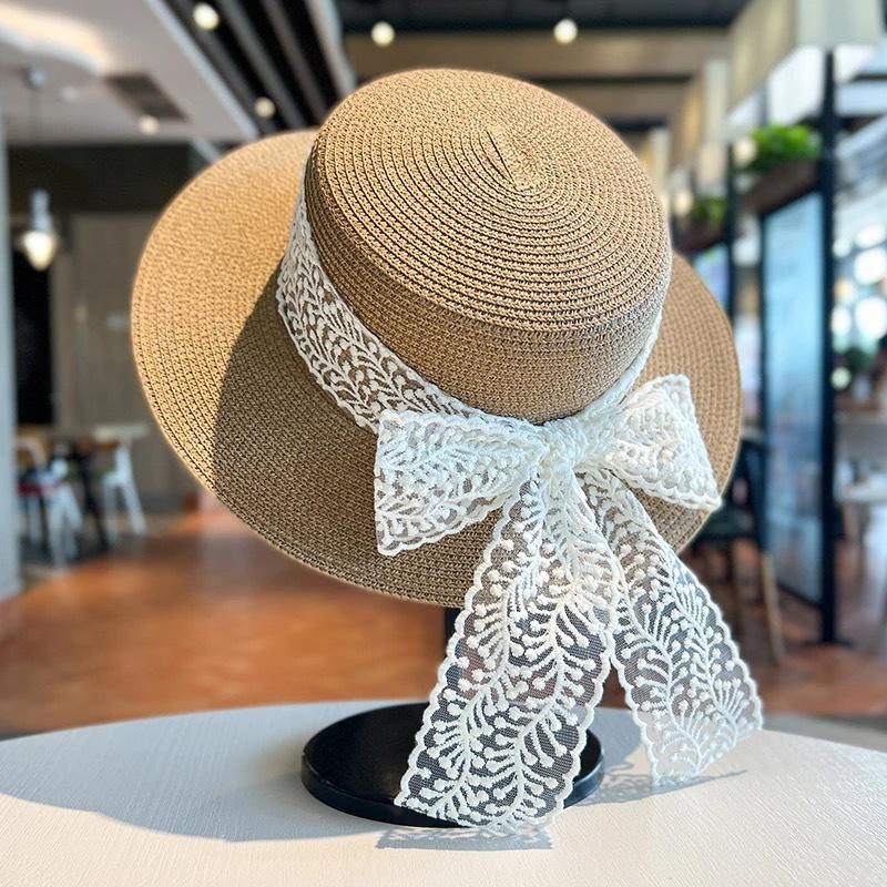New straw hat women's summer foreign style lace bow sunscreen sun hat outdoor beach hat sunshade straw hat