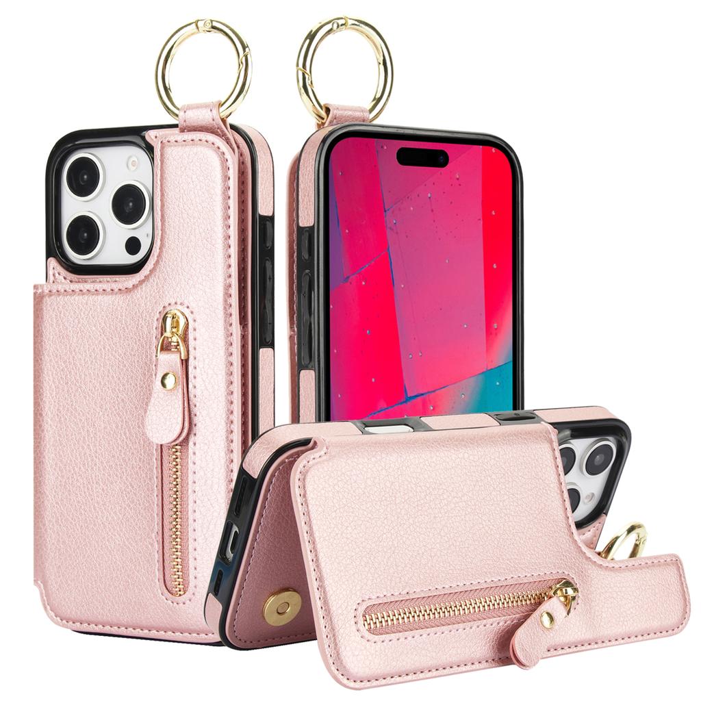 Zipper Wallet with Card Holder Ring Leather Phone Case for iPhone 16 15 14 11 Pro Max XS XR 7 8 Plus 13 12 Mini Protective Cover