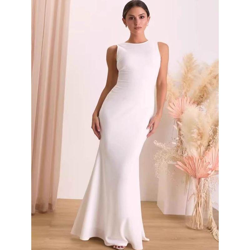 Foreign Trade Order Lu's New Simple Backless Sheath Fishtail White Light Wedding Dress Cocktail Party Formal Dress Dress