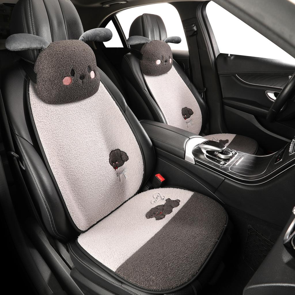 Funny Puppy Car Seat Cover 2025 New Autumn Fleece Fabric PU Leather Warm Comfortable Quick Installation Fits Most Cars