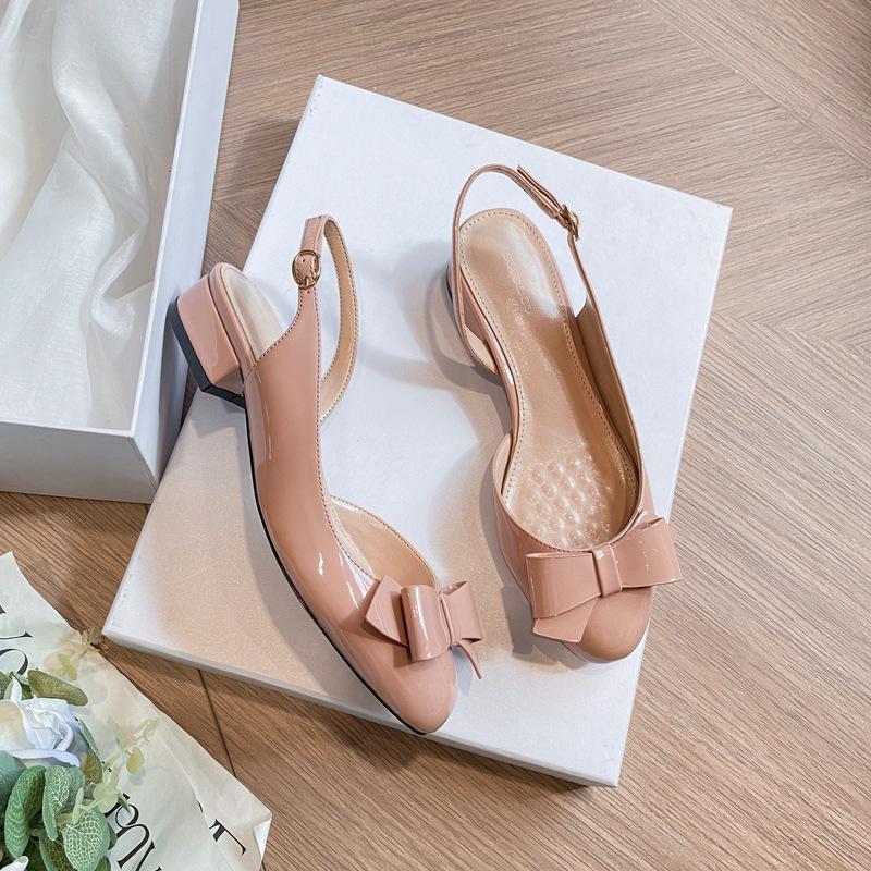 Fashion French bow toe sandals for women summer 2025 new style thick heel leather high heels mid heel sandals