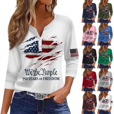Women's T Shirt Independence Day Print Button 3/4 Sleeve Daily Weekend Fashion Basic V- Neck Regular Top