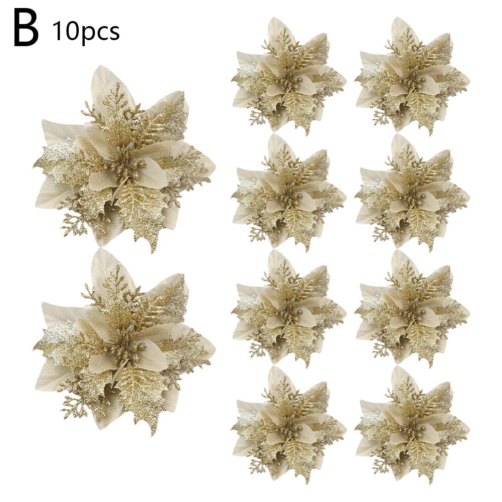 10pcs Christmas Ornament Flower 14cm Glitter Artificial Christmas Flowers Tree Ornaments For Home New Year Gifts Wedding Decor
