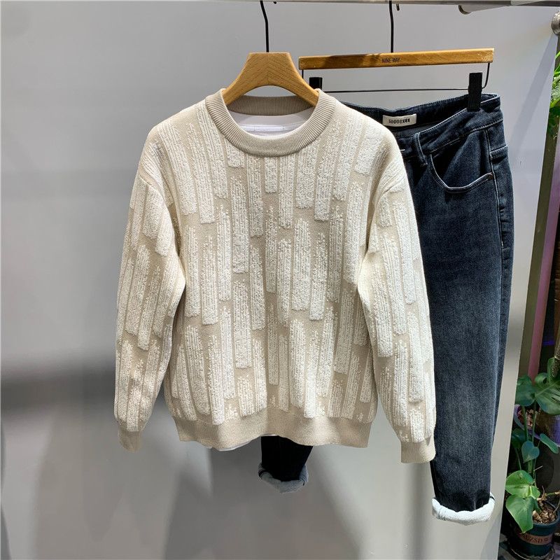 

Осень Зима Новая Мода Круглый Вырез Длинный Рукав Контрастный Цвет Пуловеры Мужская Одежда Корейский Свободный Универсальный Трикотаж Топы 4XL абрикосовый