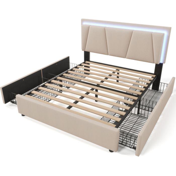 Lit Rembourré Avec Éclairage LED Et 4 Tiroirs, Tête De Lit Réglable En Hauteur, Lit Double 140x200 Cm Beige (avec Matelas)