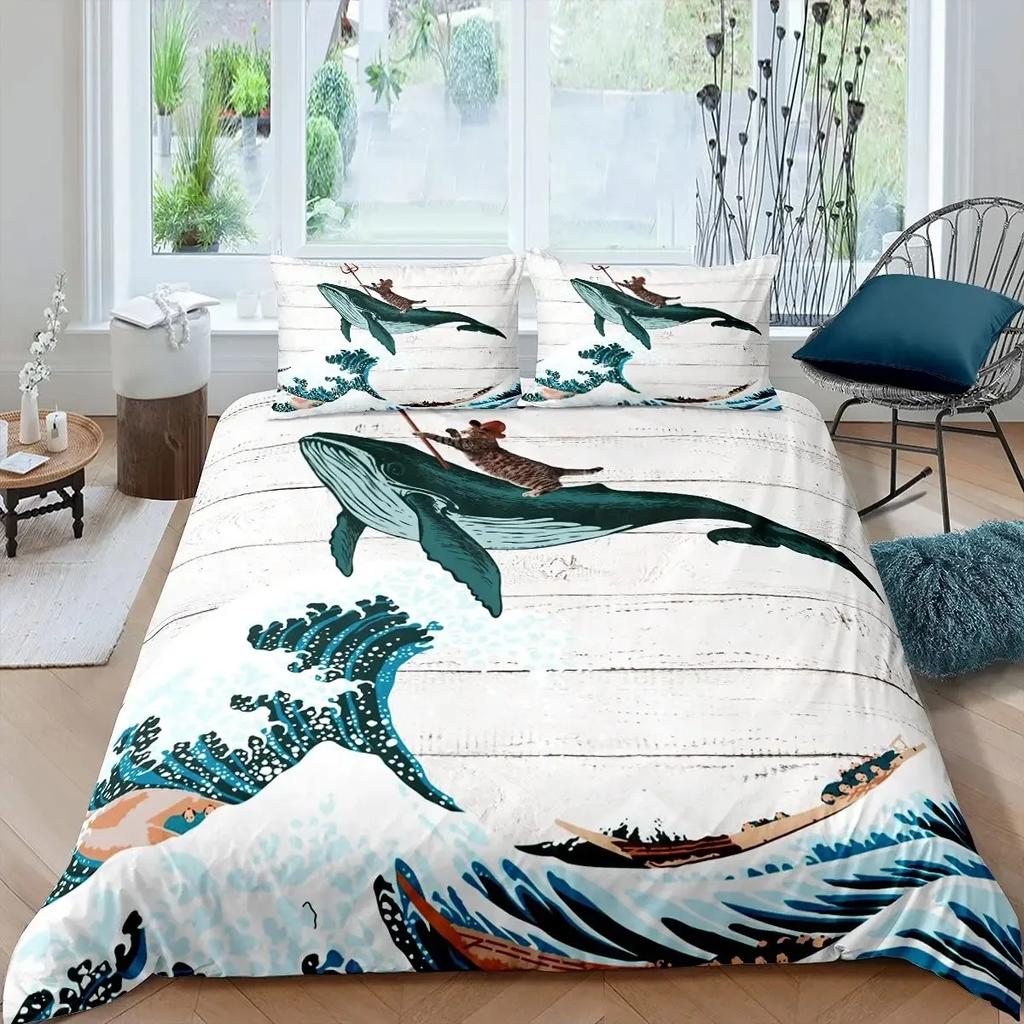 Funny Pirate Cat Duvet Cover Set Cat Riding Whale Japanese-Style Sea Wave Bedding Sets Stripe Lines Comforter Cover Full Queen