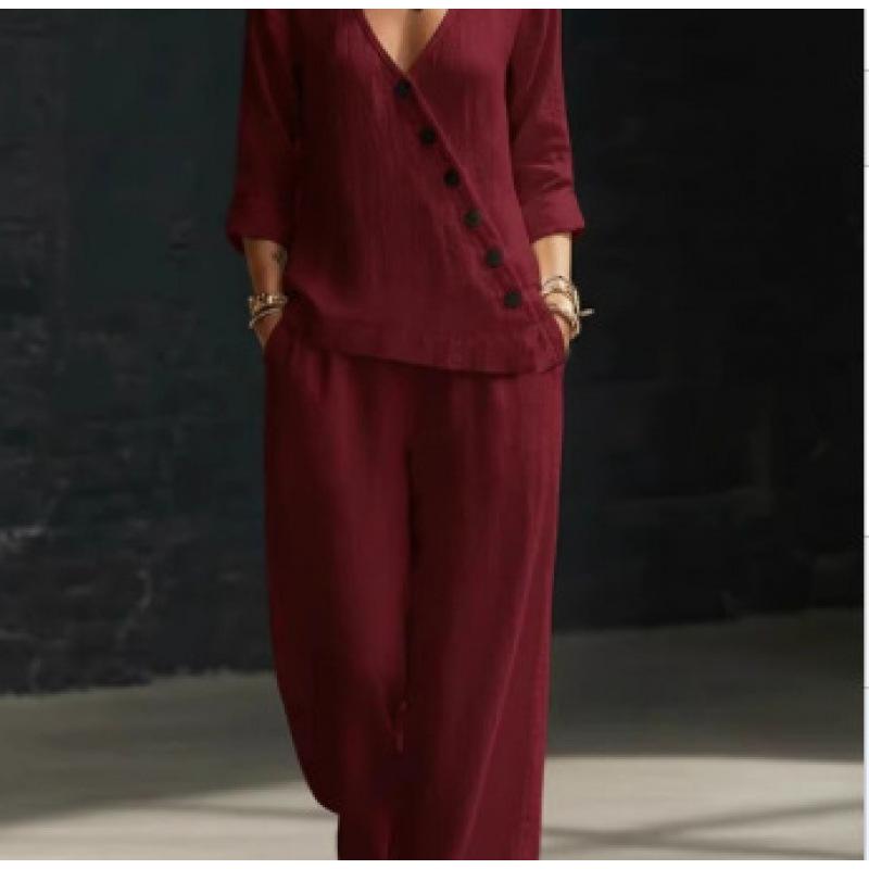 2026 Spring and Summer New Women's Clothing, European and American Minimalist Temperament Loose V-neck Diagonal Button Shirt Wide-leg Pants Two-piece