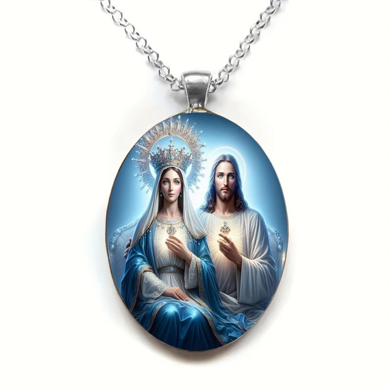 

Винтажное ожерелье с подвеской в виде Иисуса и Марии, подвеска с часовым камнем, религиозное ожерелье-оберег для мужчин и женщин