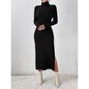 Women's High Neck Ribbed Knitted Medium and Long Dress - Autumn and Winter Long Sleeve Slim Split Knitted Dress