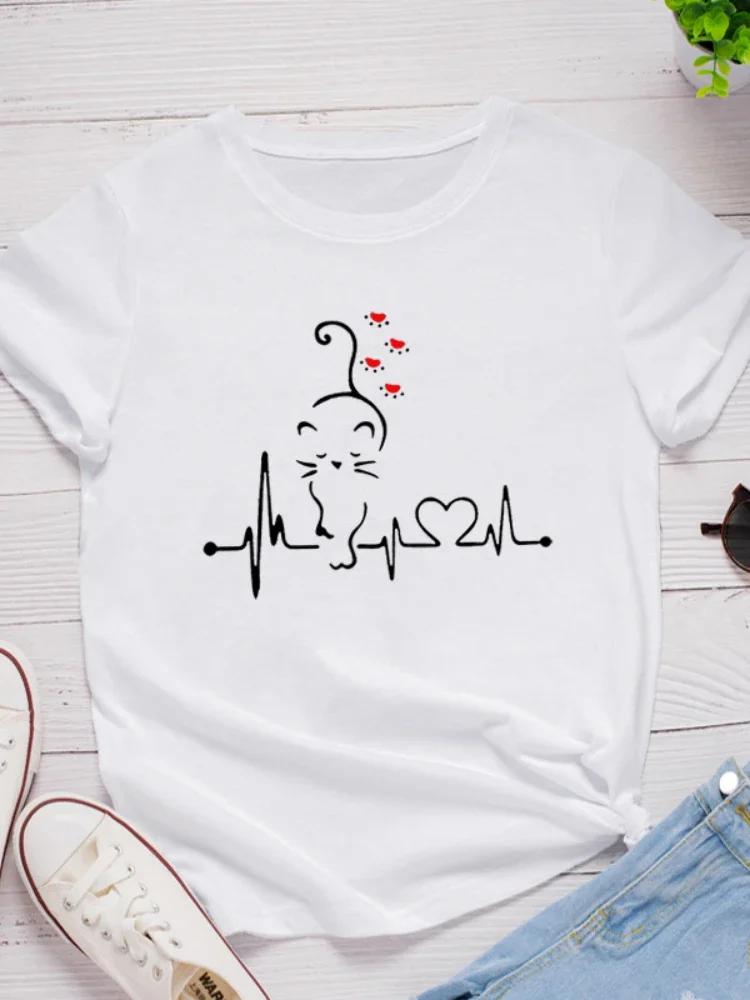 Cat Heartbeat Print Women T Shirt Short Sleeve O Neck Loose Women Tshirt Ladies Tee Shirt Tops Clothes Camisetas Mujer