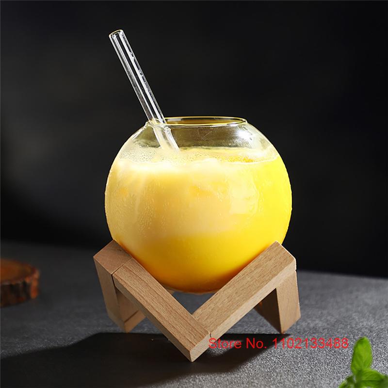 475ml Clear Moon Cocktail Glass With Wood Stand Unique Shape Bar Glassware Drum Drink Cup Ronud Ball Cocktail Cup Smoothie Bowl