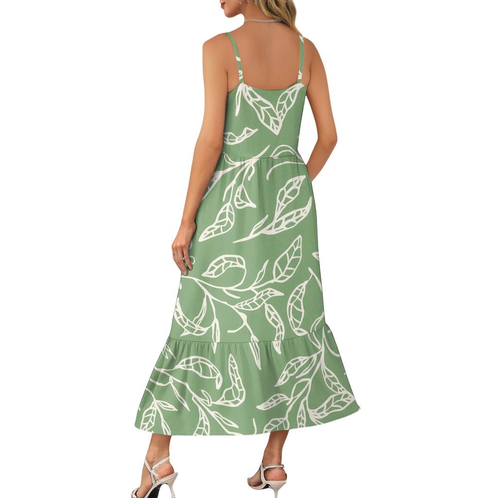 Dámské dlouhé plážové ležérní elegantní maxi šaty na špagetová ramínka s květinovým vzorem, decentní splývavé bohémské šaty