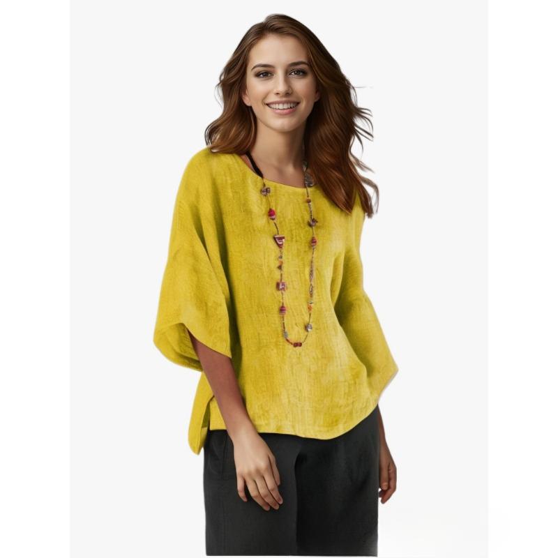 

Новый женский топ с рукавами три четверти, круглым вырезом, из хлопка и льна 4XL жёлтый