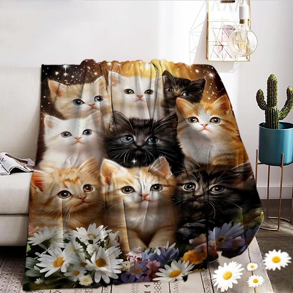 Cute Kitten Cat Daisy Flower Flannel Throw Blanket Pet Animal Floral Print Soft Warm Blanket for Sofa Bedroom Cat Lover Gift
