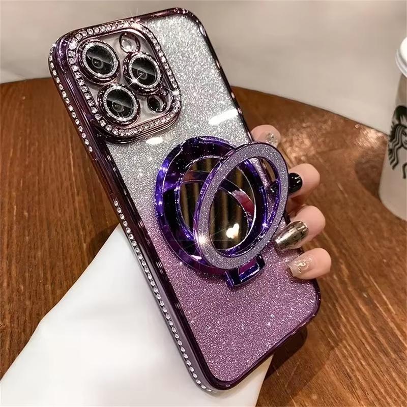 Diamond Glitter For Magsafe Bracket Phone Cases For iPhone 17 16 15 14 13 12 11 Pro Max Air Mirror Magnetic Holder Stand Cover