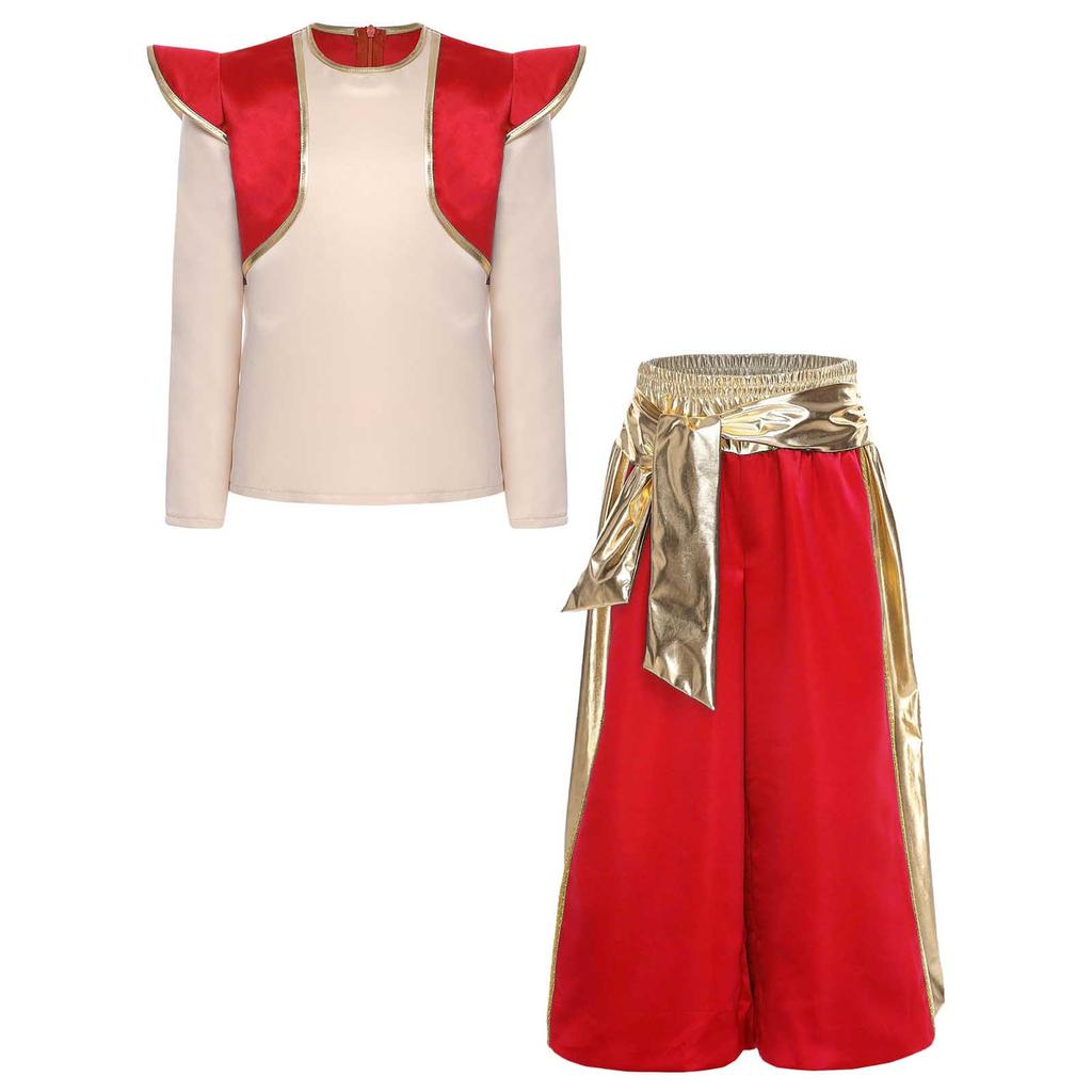 Boys Arabian Prince Costume Long Sleeve Fake Shirt Top Metallic Shiny Patchwork Contrast Color Harem Pants