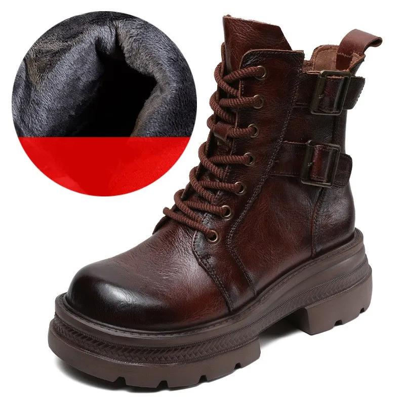 6CM Women Mid Calf Boots 2024 Autumn Winter Quality Genuine Leather Thick High Heel Platform Wide Head Lace-Up Retro Boots
