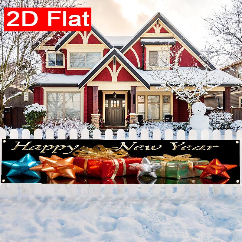 Happy New Year Gift Fence Banner, Pattern Polyester Outdoor Lawn Wall Holiday Party Decoration